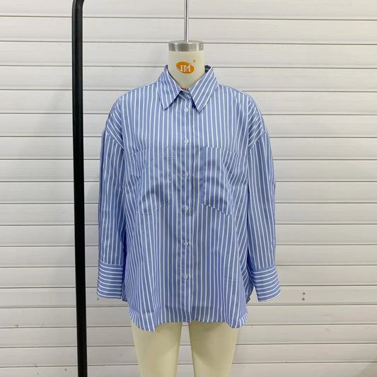 Plus Size Loose Casual Mid-length Short Front And Long Back Striped Shirt