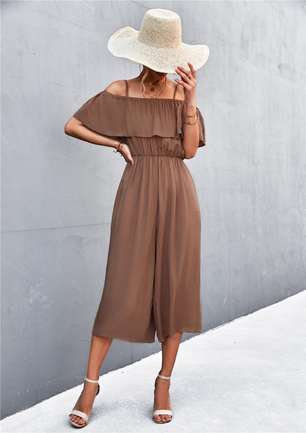 Solid Color One-Shoulder Loose Casual Sling Jumpsuit
