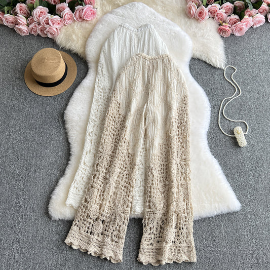 Trendy Retro Hollow-out Sheer High-waist Loose Wide-leg Pants