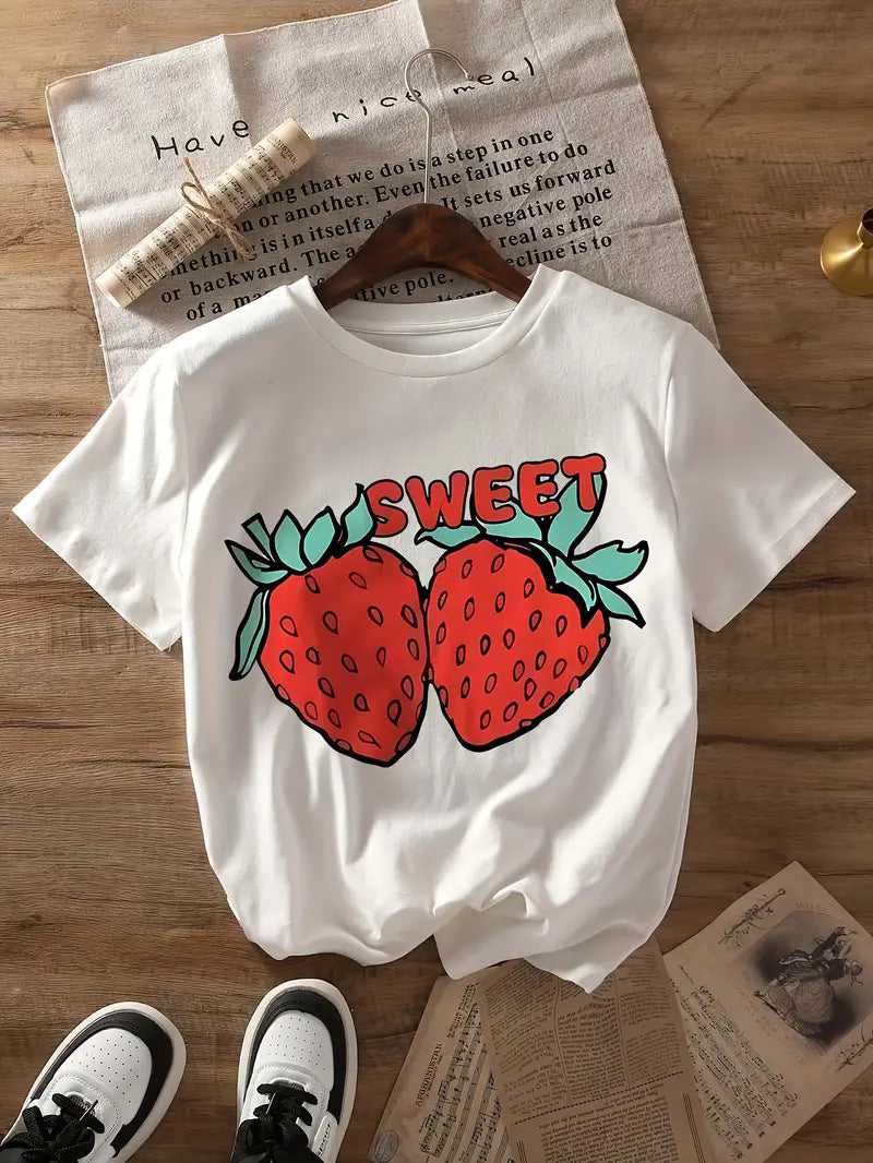 Fruit Strawberry Round Neck Short Sleeve Top For Women