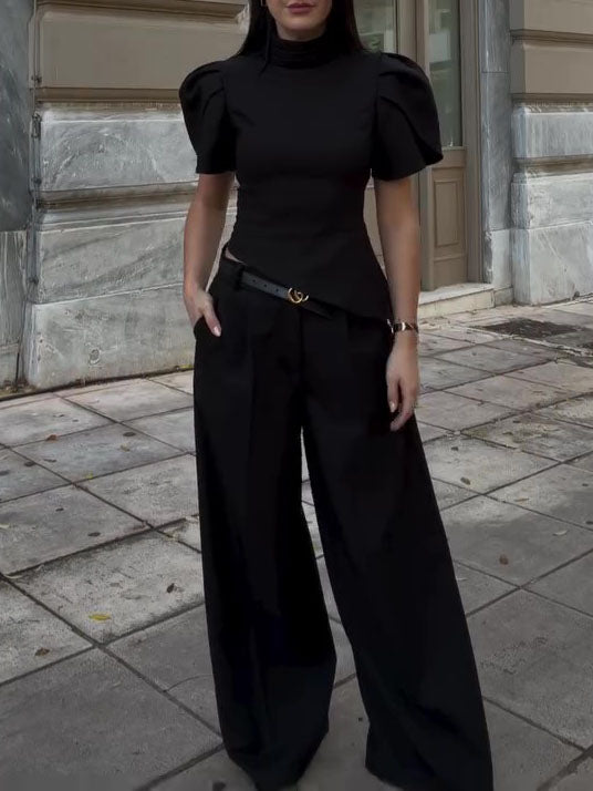 Black Turtleneck Puff Sleeve Waist-Cinched Top & High Waist Wide-Leg Pants Set