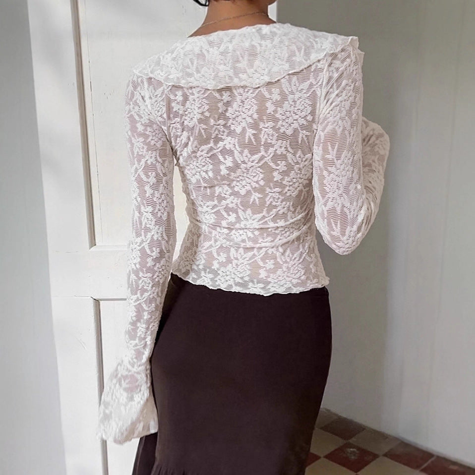 Womens Solid-Color French Style Flared-Sleeve Ruffle-Trim Shirt