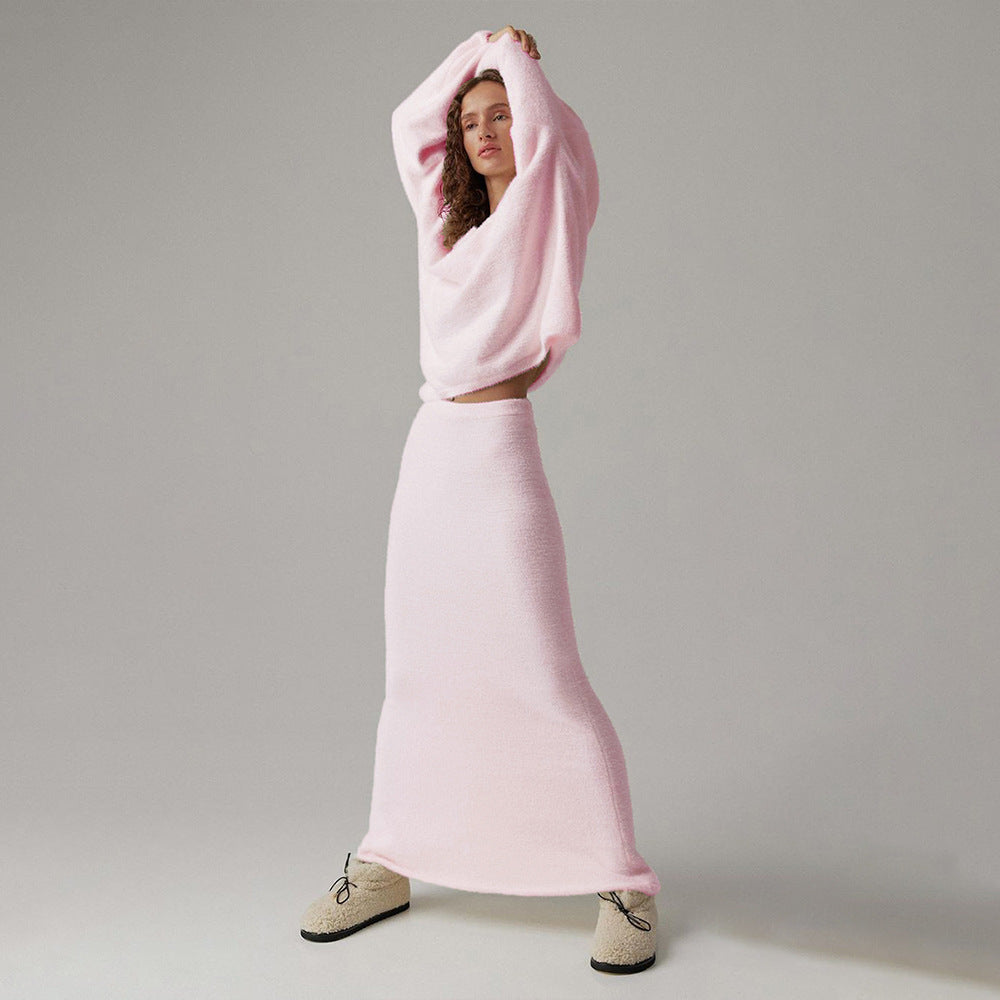 Simple Knitting V-neck Sweater Skirt Suit