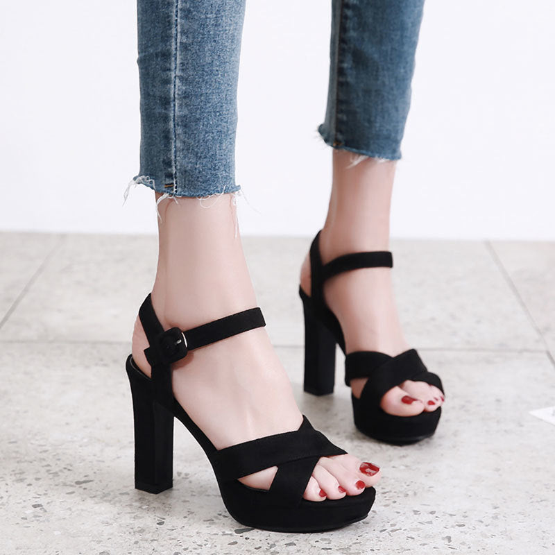 Super High Heels Suede Cross Platform Block Heel Toe Sandals