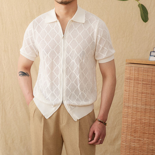 Cotton Zipper Hollow Short Sleeve Lapel Cardigan Casual Top