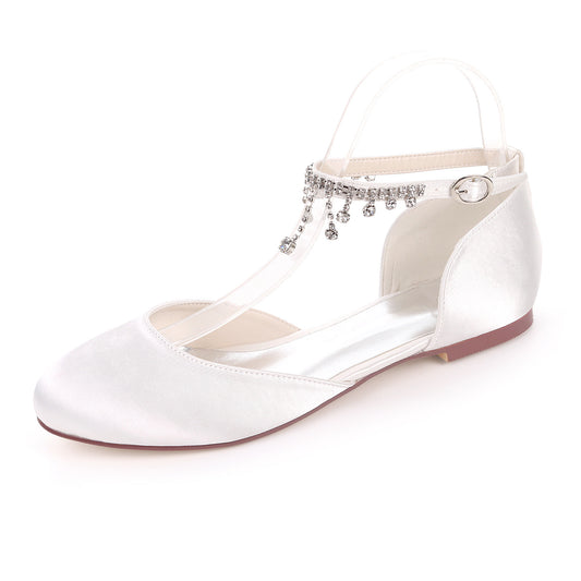 Satin Round Toe Hollow Rhinestone Chain Flat Wedding Shoes