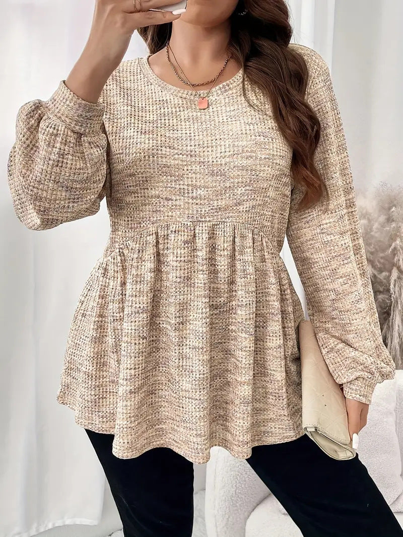 Long Sleeve Tie-dyed Printed Ruffled Hem Lantern Sleeve Round Neck T-shirt