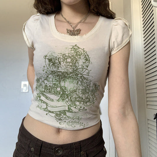 Europæisk og amerikansk retro print slim rundhalset kort T-shirt top