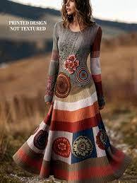 Retro Cable-Knit Long-Sleeve Womens Dress With A Crew Neck And Patchwork Design