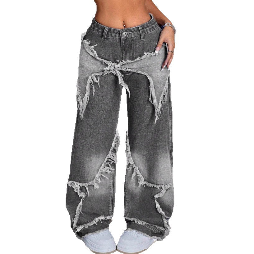 Retro Star Patchwork Heavy Wash Women's Jeans