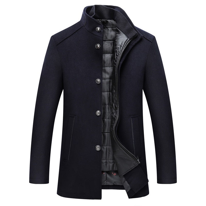 Solid Color Casual Men's Coat Woolen Overcoat