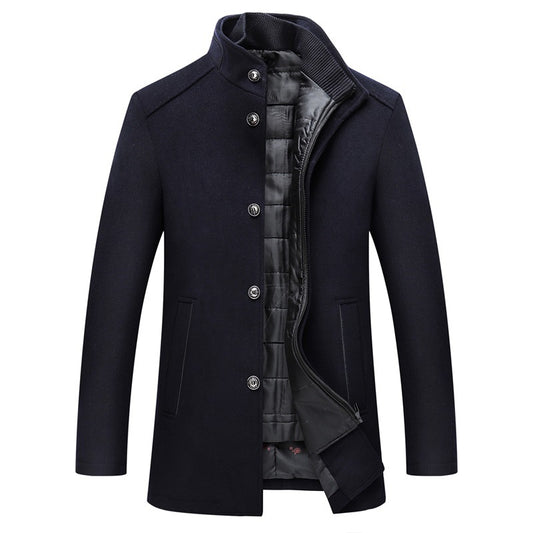 Solid Color Casual Men's Coat Woolen Overcoat