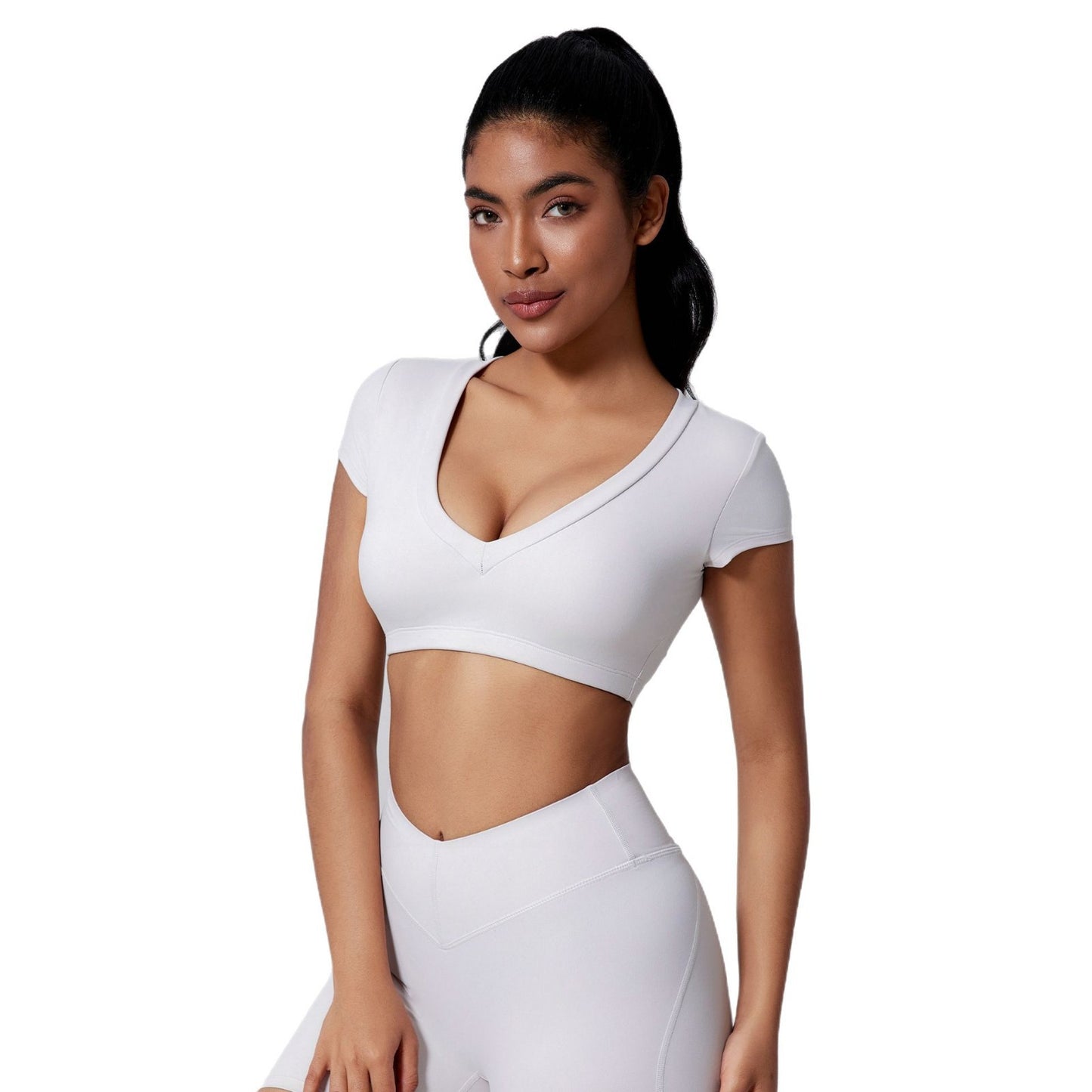 Brushed Tight Short T Deep V Shaping Back Hollow Sexy