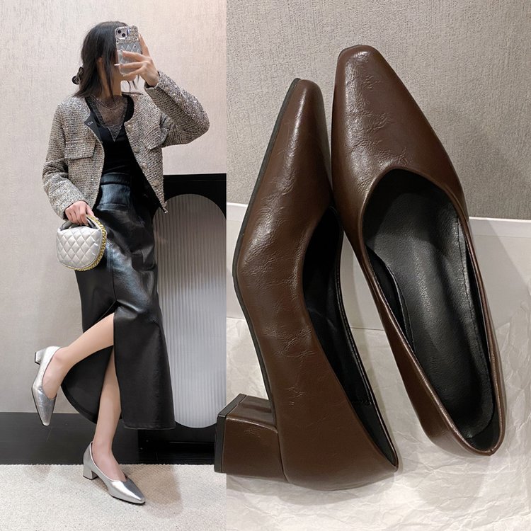 French Retro Square Toe Mid-heel Shoes Women
