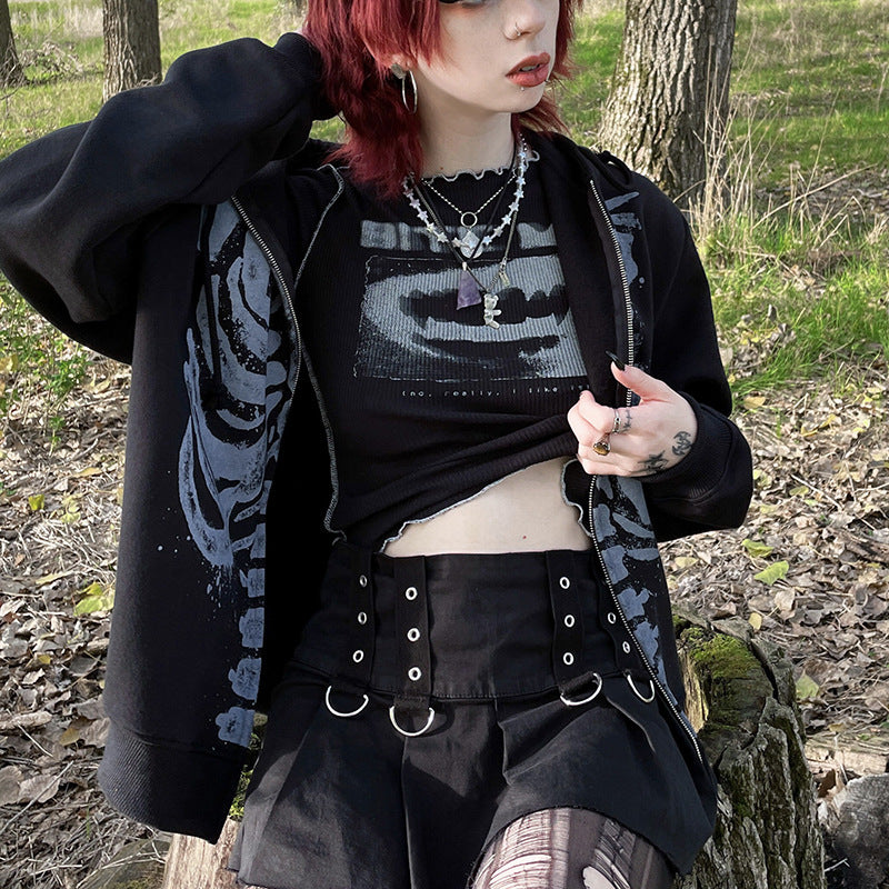 Skeleton Long Sleeve Round Neck Cardigan Printed Loose Sweatshirt