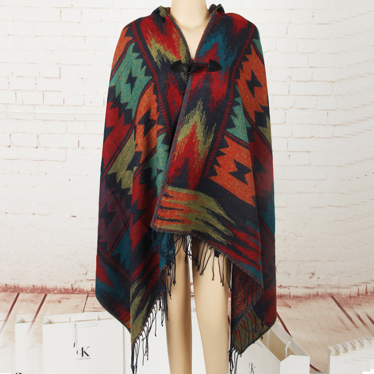 Horn Buckle Ethnic Style Hood Cape Shawl