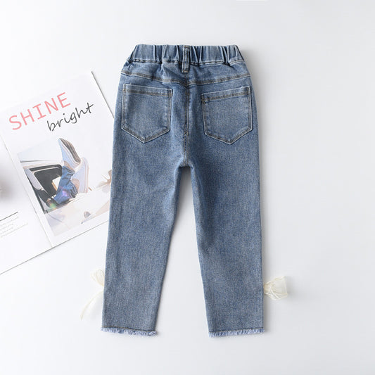 Korean Style Young And Little Girls Baby Sweet Fashion Bowknot Slim Jeans Fashion
