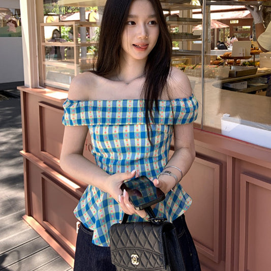 Off-shoulder Blue Checkered Short Sleeve Shirt Women's Summer Short Style