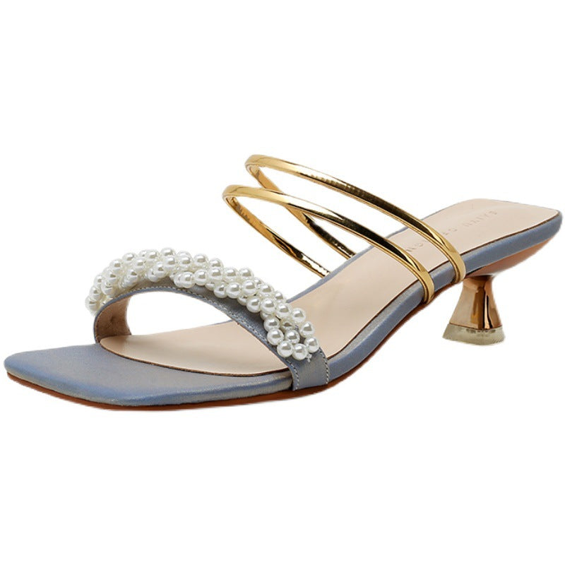 French Satin And Pearl Half Drag Sandals