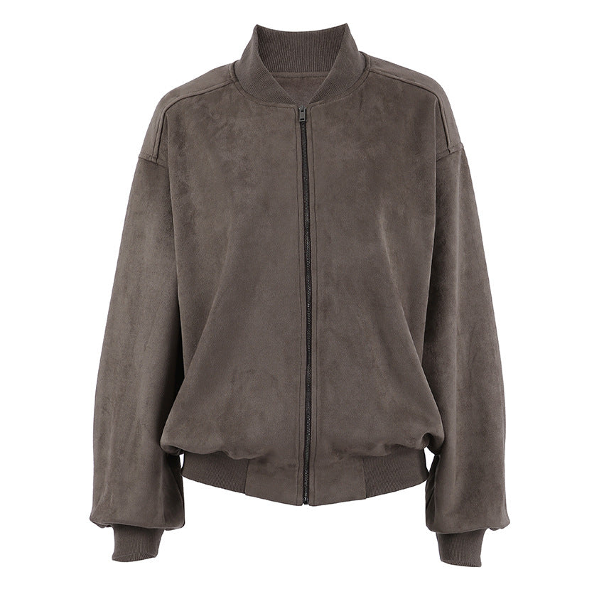 Suede American High Street Stand Collar Long Sleeve Bomber Zip Jacket
