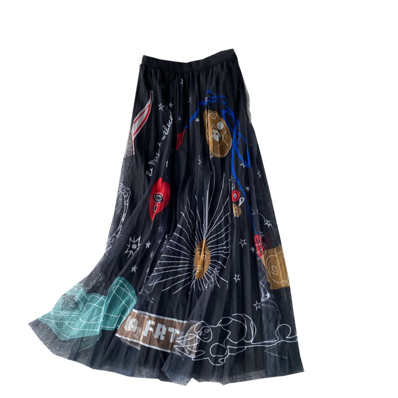 High-Waisted Slimming A-Line Maxi Skirt With Floral Print And Mesh Fabric