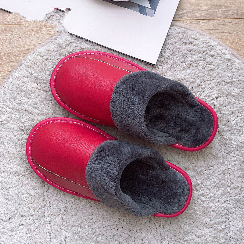 Genuine Leather Surface Cotton Home Waterproof Thick Bottom Plush Warm Slippers