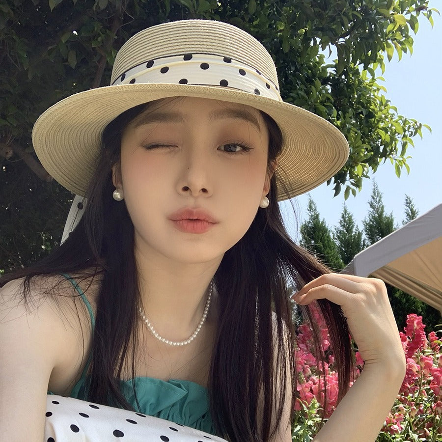 French Sweet Polka Dot Tie Ribbon Sun Hat