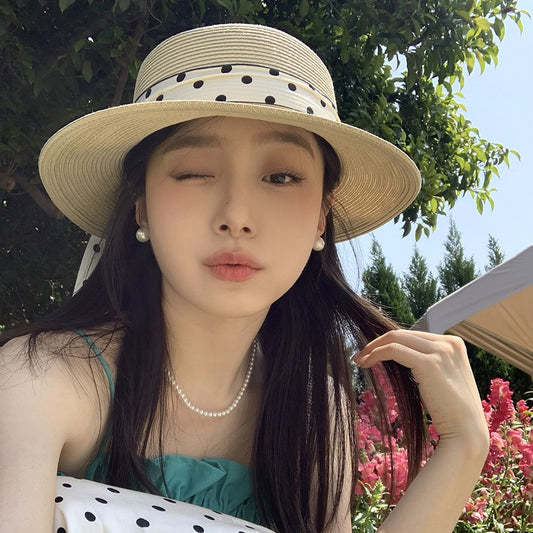 French Sweet Polka Dot Tie Ribbon Sun Hat