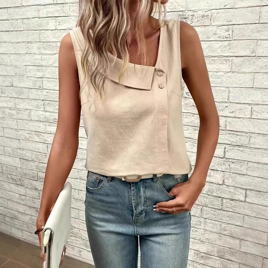 Multi-Color Casual Diagonal Collar Button Vest For Women
