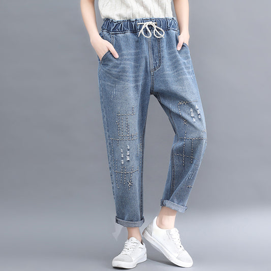 Wear Embroidered Casual Lace-up High-rise Cropped Jeans