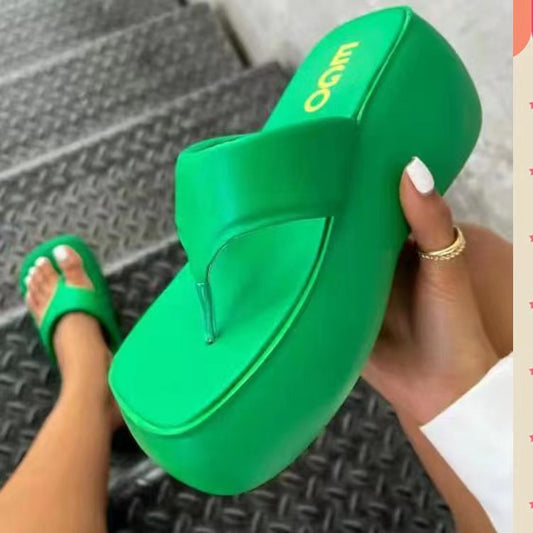 Women's Platform Wedge Solid Color Flip Flops With Square Toe