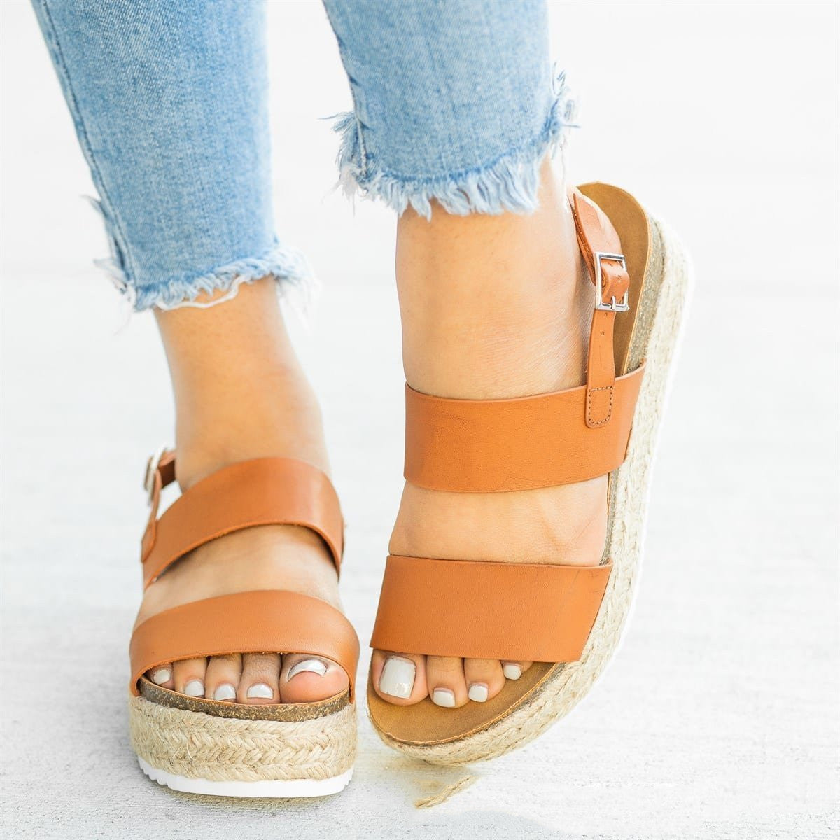 Open-toe flat hemp mid-heel rubber buckle sandals