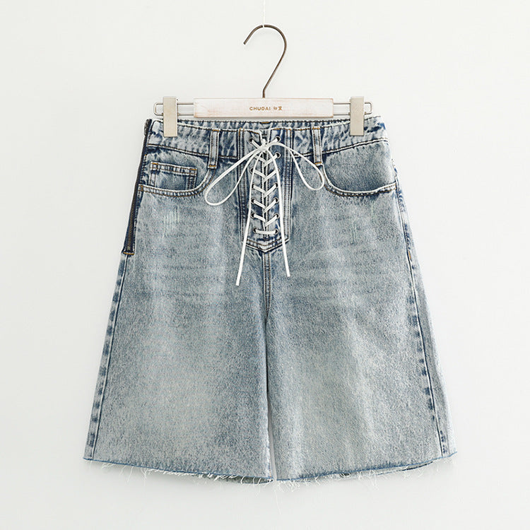 Women's high waist strap denim shorts
