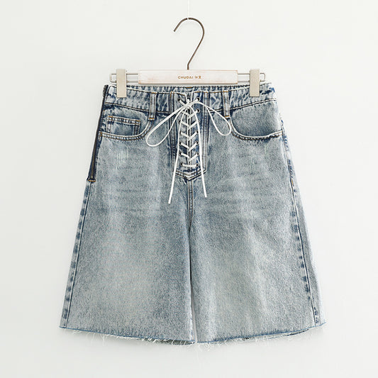 Women's high waist strap denim shorts
