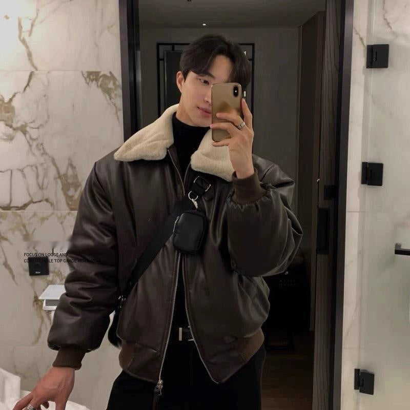 Mens Thick Trendy Lambswool Edgy Leather Jacket