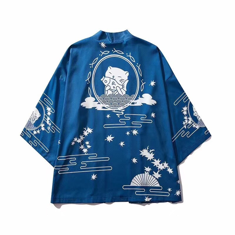 Japanese lucky cat robe Wave pattern shirt