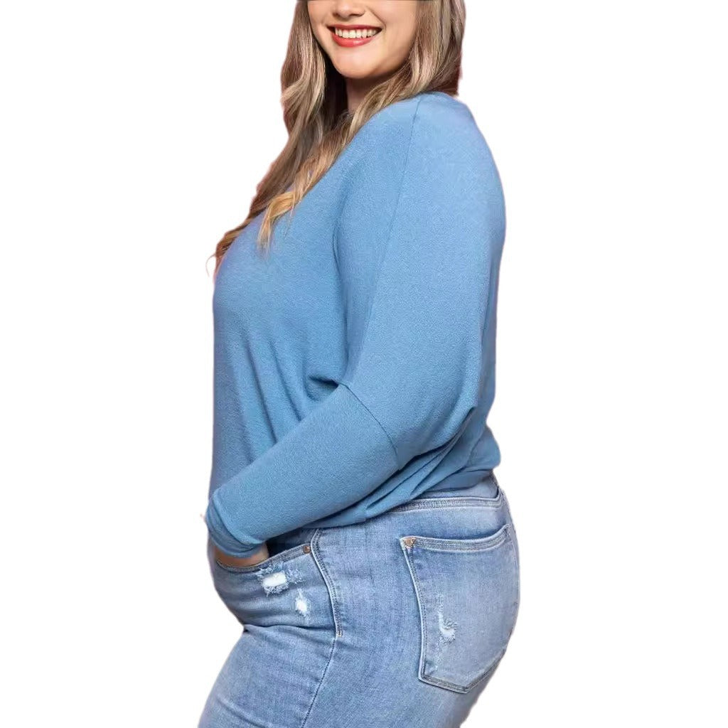 Plus Size Casual Ensfarvet Rundhalset Flagermusærme Høj Elastisk Sweater