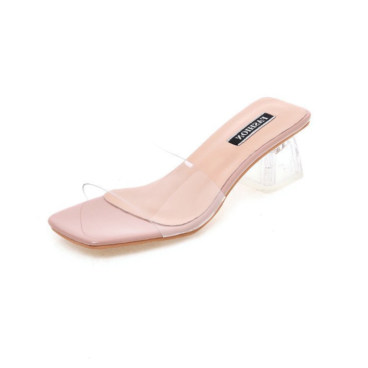 The New Transparent Belt One Word Thick Heel Sandals Women