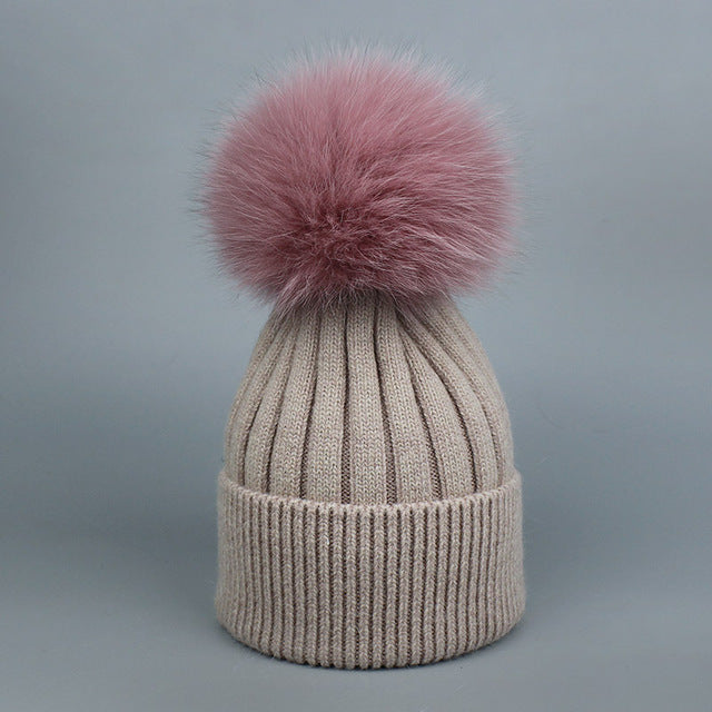 Fox Fur Warm Winter Hat With Ball For Women Child Girl Wool Thick Knitted
