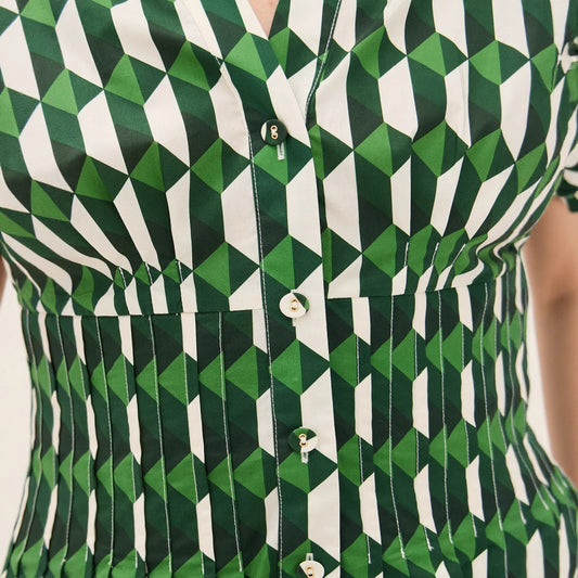 Fitted-waist V-neck Button-front Short-sleeve Dress