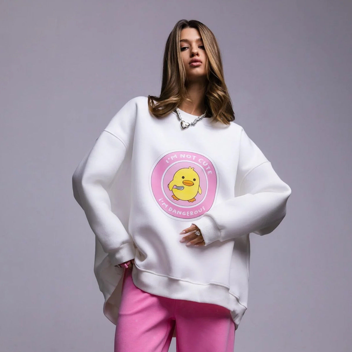 Women's Small Yellow Duck Printing Stylish Sweater
