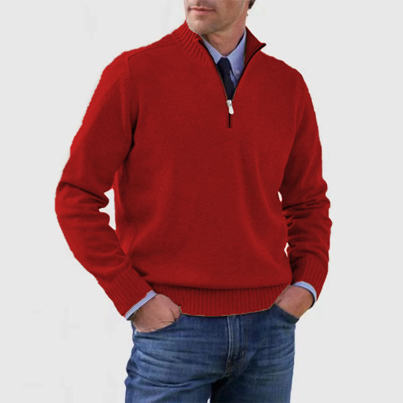 Sweater til mænd med lynlås og opretstående krave Vintermode Ensfarvet Strikket Langærmet Top Tøj