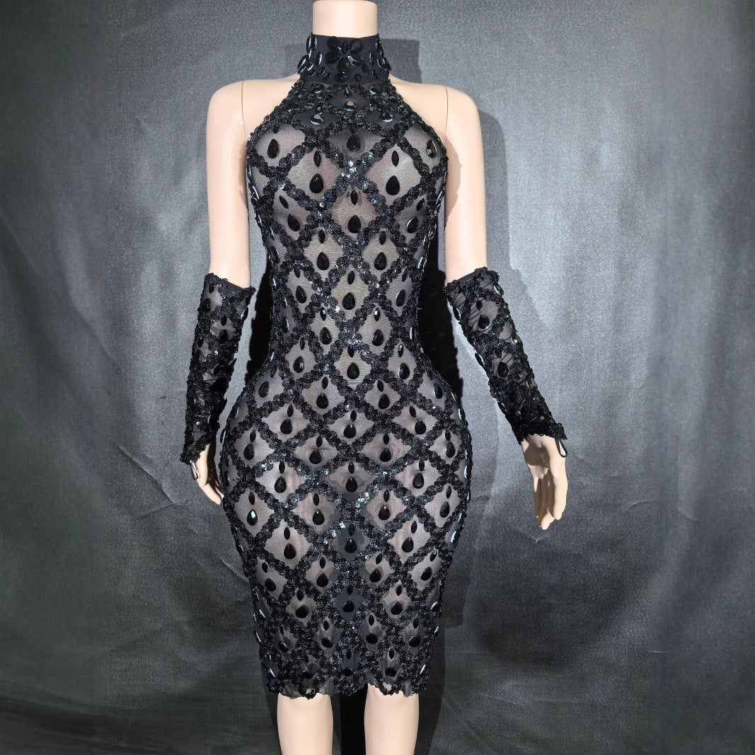 Shimmering Rhinestone High-neck Sleeveless Sexy Mesh Sheer Plaid Evening Gown