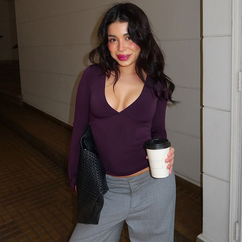 Sexy Deep V Midriff-baring Top Slim Fit All-matching Sweater