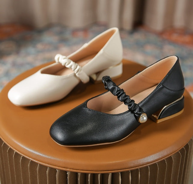 Vintage One Word Strap Square Toe Chunky Heel Ladies Shoes
