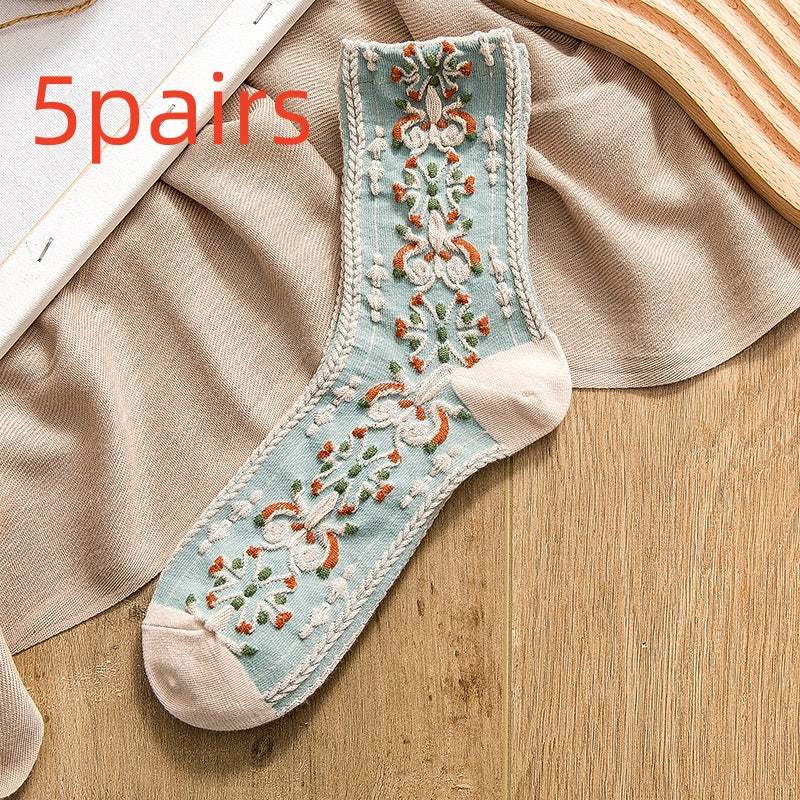 Retro Three-dimensional Relief Socks Women's Tube Flowers Casual Wear