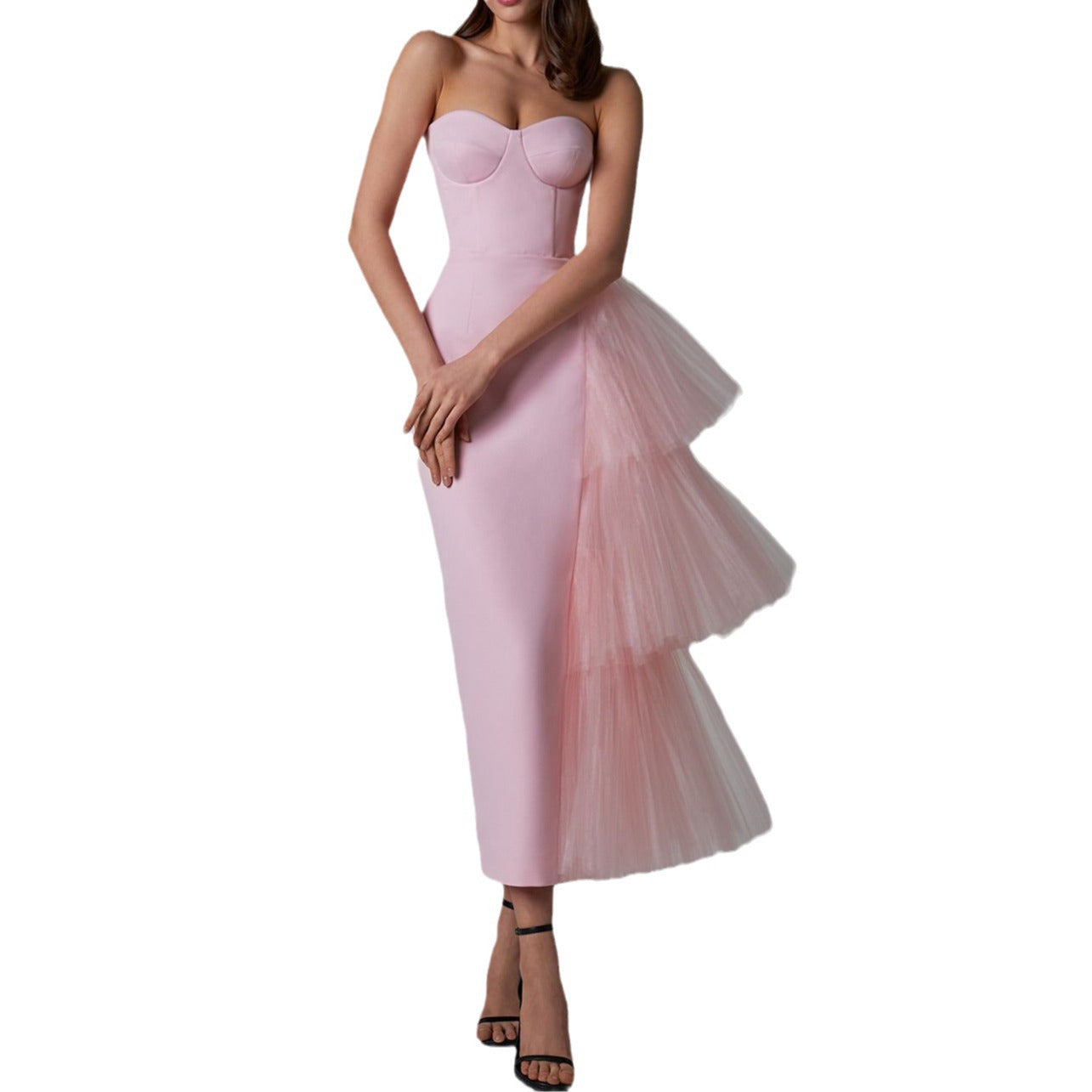 Evening Gown Long High-elastic Pleated Mesh Sheath Dress