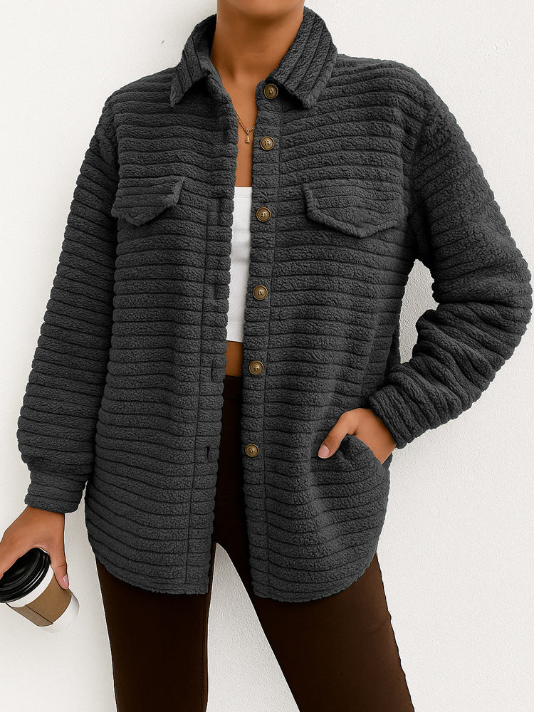 Casual Loose Fashion Striped Long Sleeves Cardigan Lapel Plush Coat