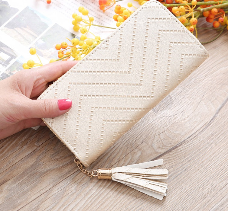 New women's wallet single pull fringed bag long zipper student bag clutch bag