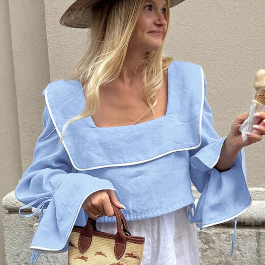 Womens Designer Square-neck Top With Flared Sleeves And Tie Detail